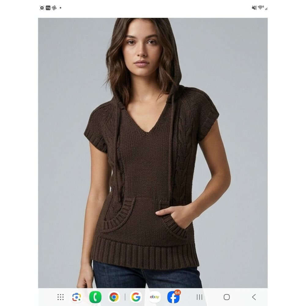 Mossimo Brown Short Sleeve V-Neck Hooded Cable Knit Sweater Large Vintage
